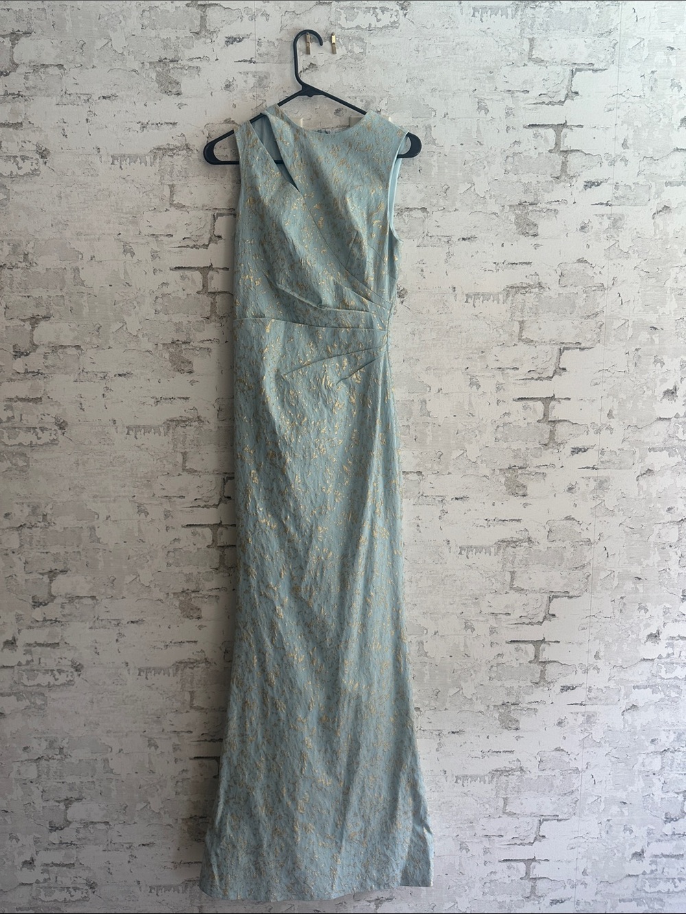 Elegant Light Blue and Gold Brocade Evening Gown